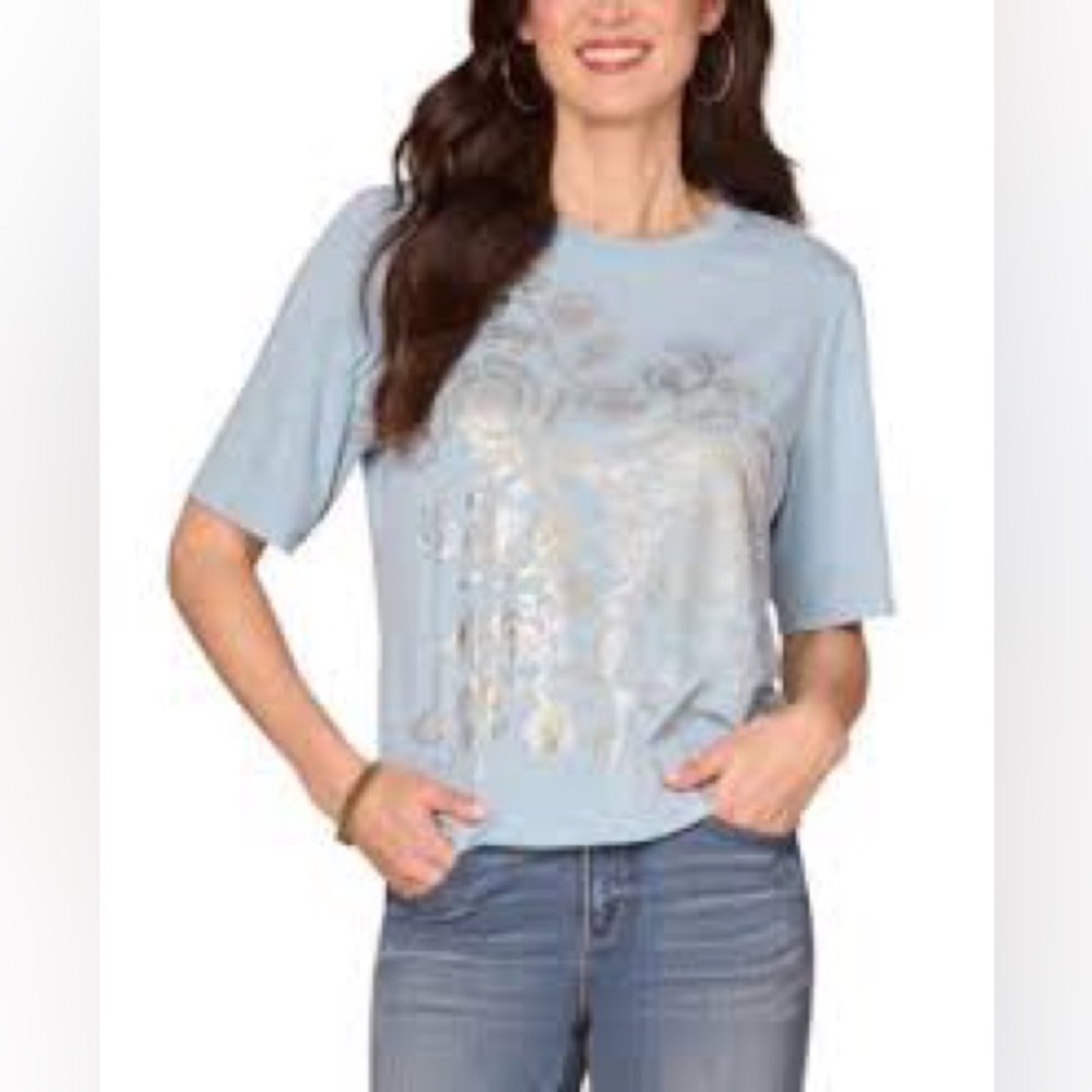 Elbow Sleeve Scoop Neck Floral Fog Foil Screen Print Knit Top